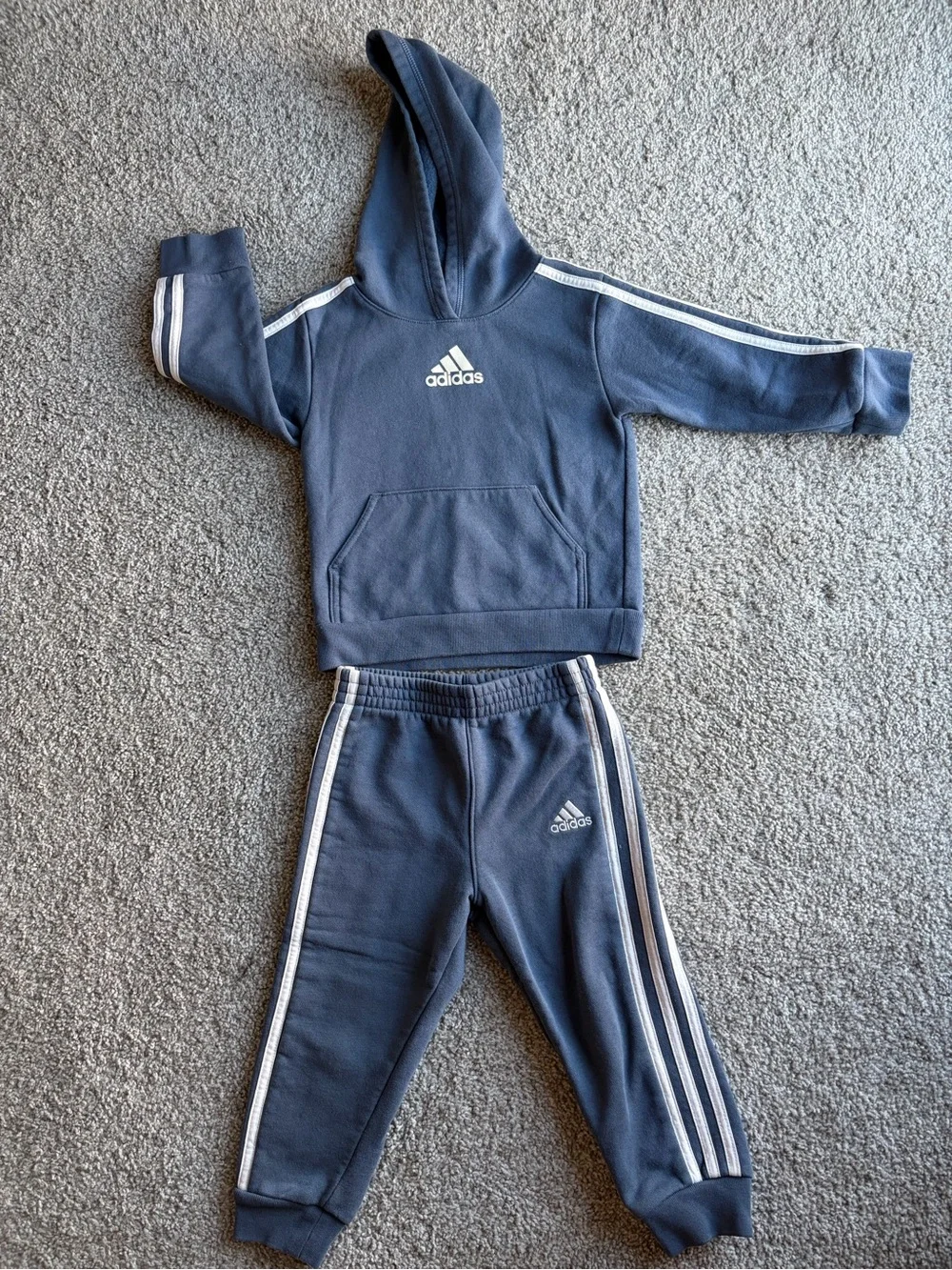 adidas Kids Navy Blue Hoodie & Jogger Set with White Stripes